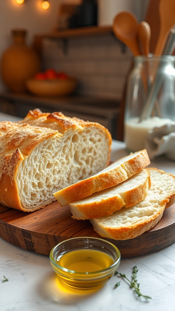 Artisan Gluten-Free Bread Recipe Artisan gluten-free bread loaf sliced on a wooden board with olive oil.